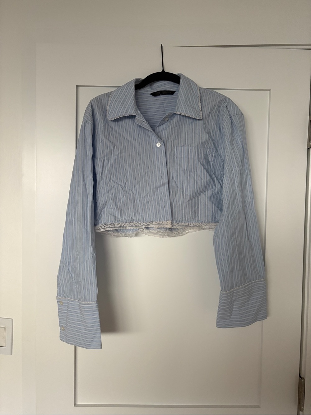 Zara Light Blue Pinstripe Cropped Button-Down with Lace Hem